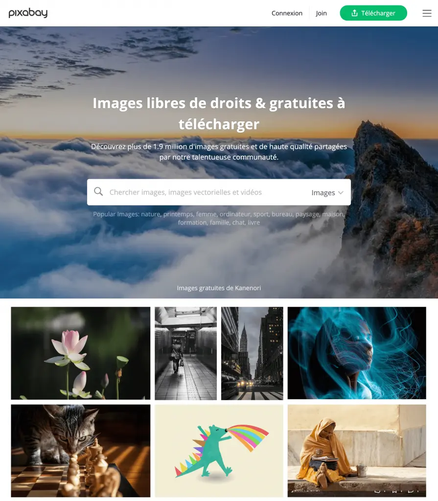 Page d'accueil de Pixabay avec des images gratuites à télécharger. Représentations d'une montagne sous un ciel nuageux, d'une fleur de lotus, d'une rue urbaine, d'un chat jouant aux échecs, d'un dragon coloré et d'une femme voilée.