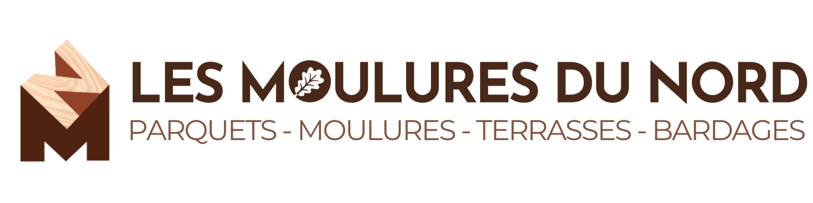 Logo de l'entreprise "Les Moulures du Nord" avec un emblème en forme de "M" en bois et les mots "Parquets - Moulures - Terrasses - Bardages" en dessous.