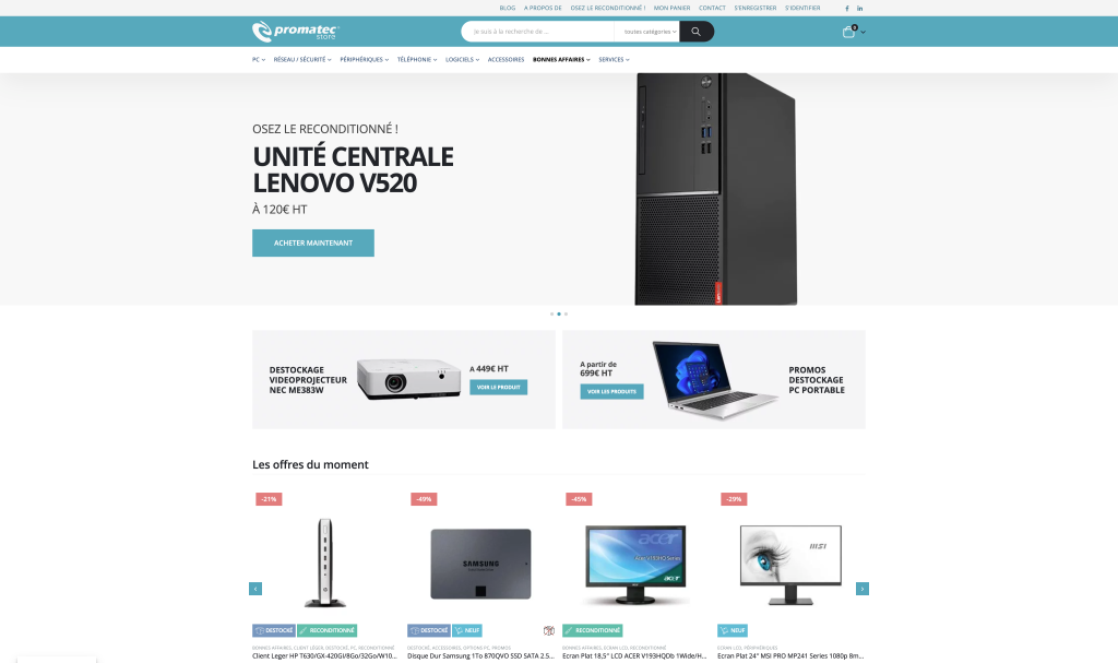 Page d'accueil de la boutique en ligne Promatec Store, présentant des offres promotionnelles sur des ordinateurs, des vidéoprojecteurs et divers périphériques informatiques.