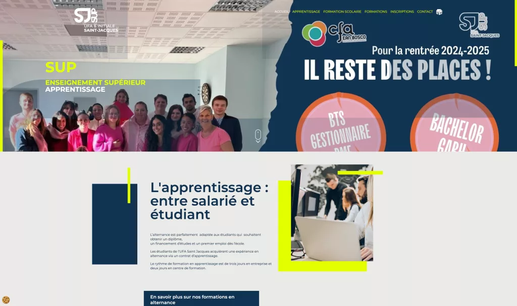 Page d'accueil du site SUP Saint-Jacques présentant l'apprentissage et les formations disponibles pour la rentrée 2024-2025 avec une photo de groupe et des informations sur l'alternance.