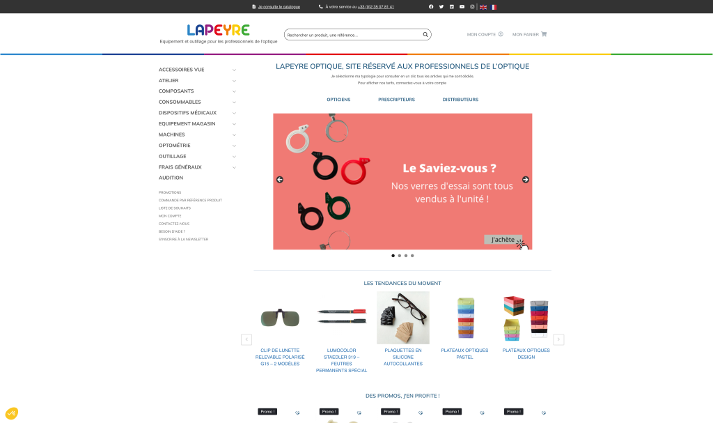 Page d'accueil du site Lapeyre Groupe avec un menu de catégories à gauche et une bannière publicitaire au centre promouvant des verres d'essai vendus à l'unité.