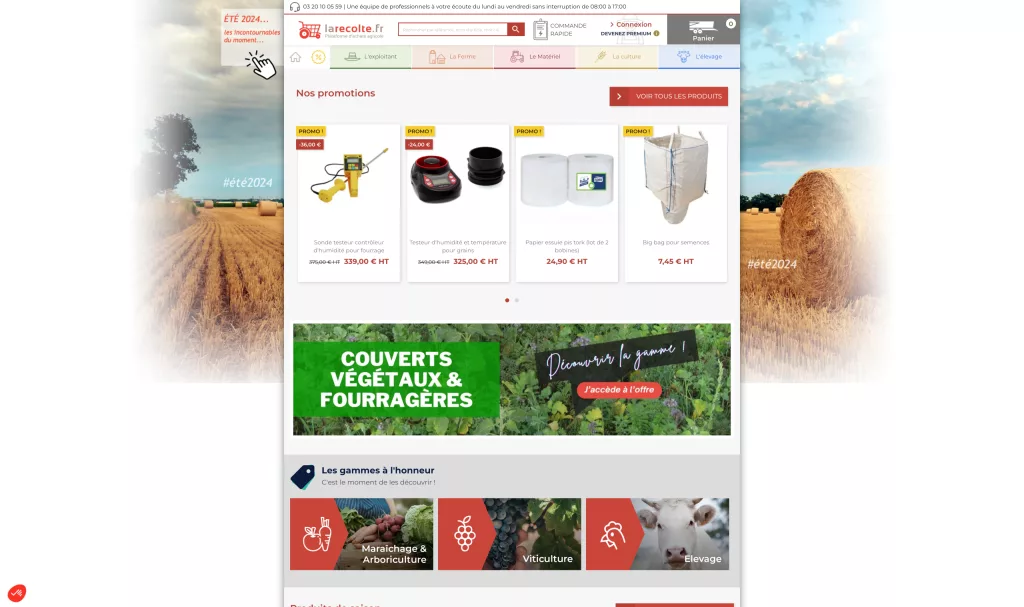 Page web de larecolte.fr affichant des promotions sur des équipements agricoles, avec des catégories comme "Maraîchage & Arboriculture," "Viticulture," et "Élevage".