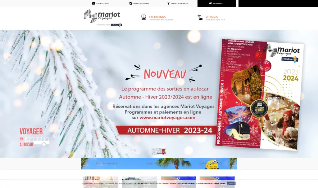 Page d'accueil du site web Mariot Voyages, présentant les sorties en autocar Automne-Hiver 2023/2024.