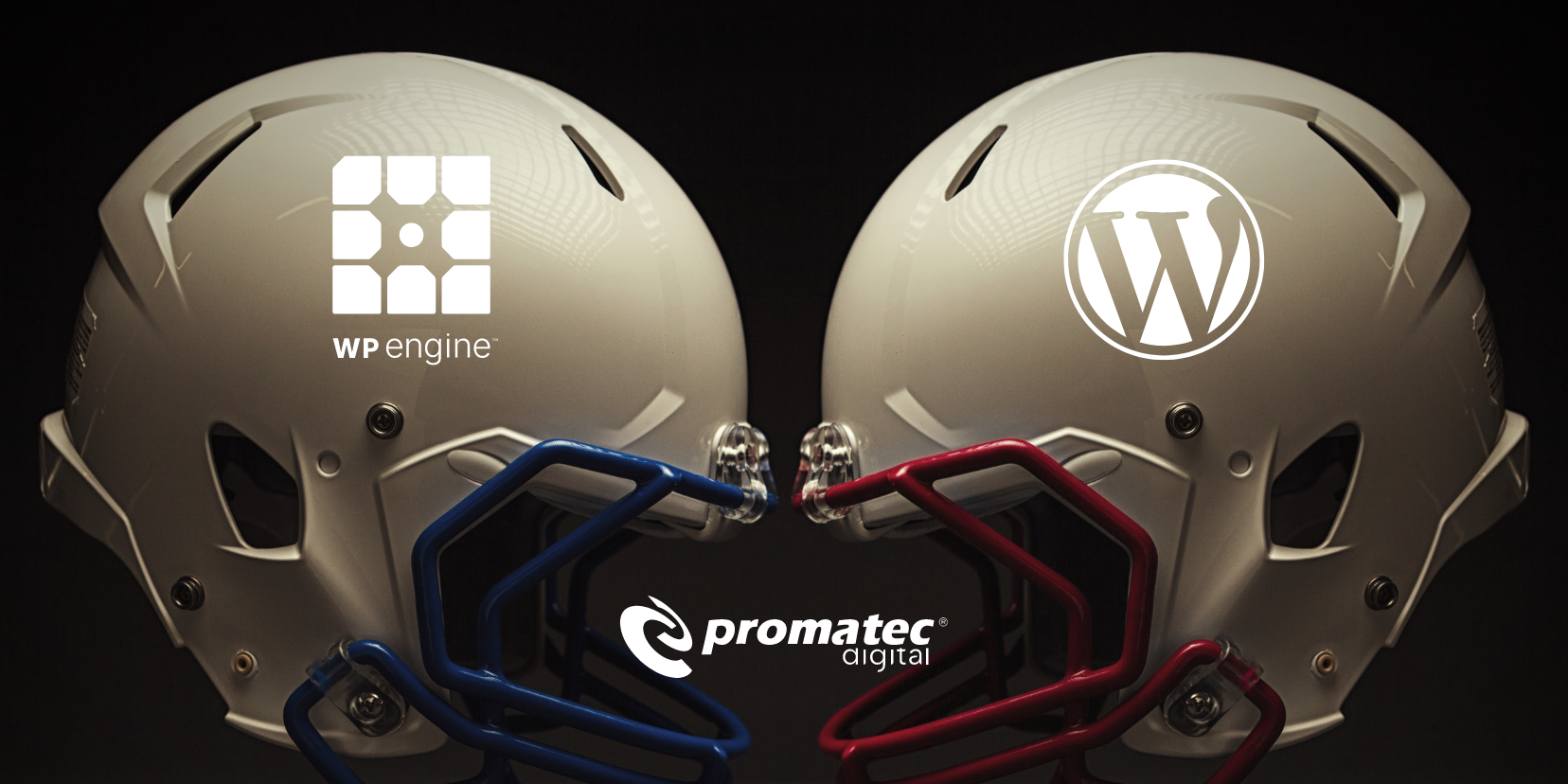 Deux casques de football américain se faisant face, avec les logos WP Engine et WordPress sur chacun d'eux, et le logo Promatec Digital en bas.