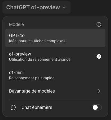 Menu de sélection de modèles pour ChatGPT, montrant les options "GPT-4o", "o1-preview" et "o1-mini".