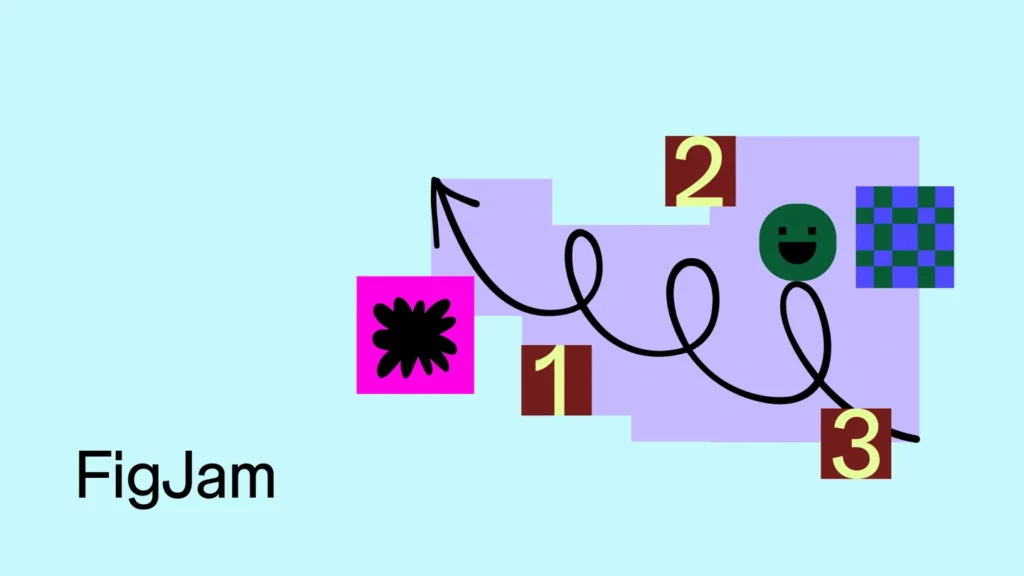 Illustration abstraite de FigJam avec des formes colorées, des chiffres et des flèches.