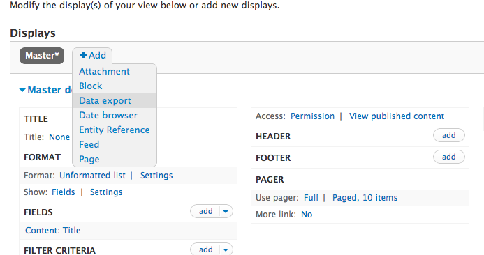 Interface utilisateur montrant des options de modification d'affichage, avec un menu déroulant contenant des options telles que "Attachment", "Block", "Data export", et d'autres.