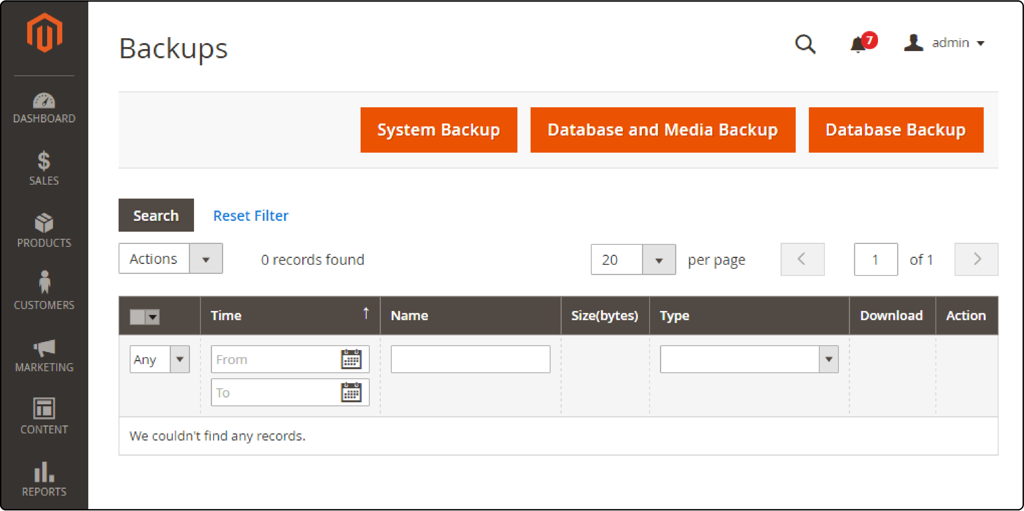 Capture d'écran de l'interface de sauvegarde de Magento avec les options de sauvegarde du système, de la base de données et des médias, affichant actuellement "0 enregistrements trouvés".