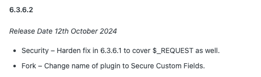 Mise à jour 6.3.6.2 prévue pour le 12 octobre 2024 avec des améliorations de sécurité et changement de nom du plugin en Secure Custom Fields.