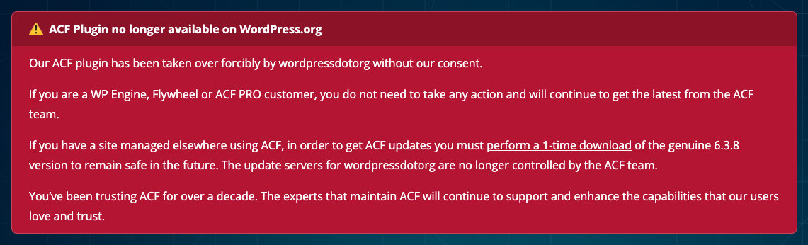 Avertissement concernant la disponibilité du plugin ACF sur WordPress.org.