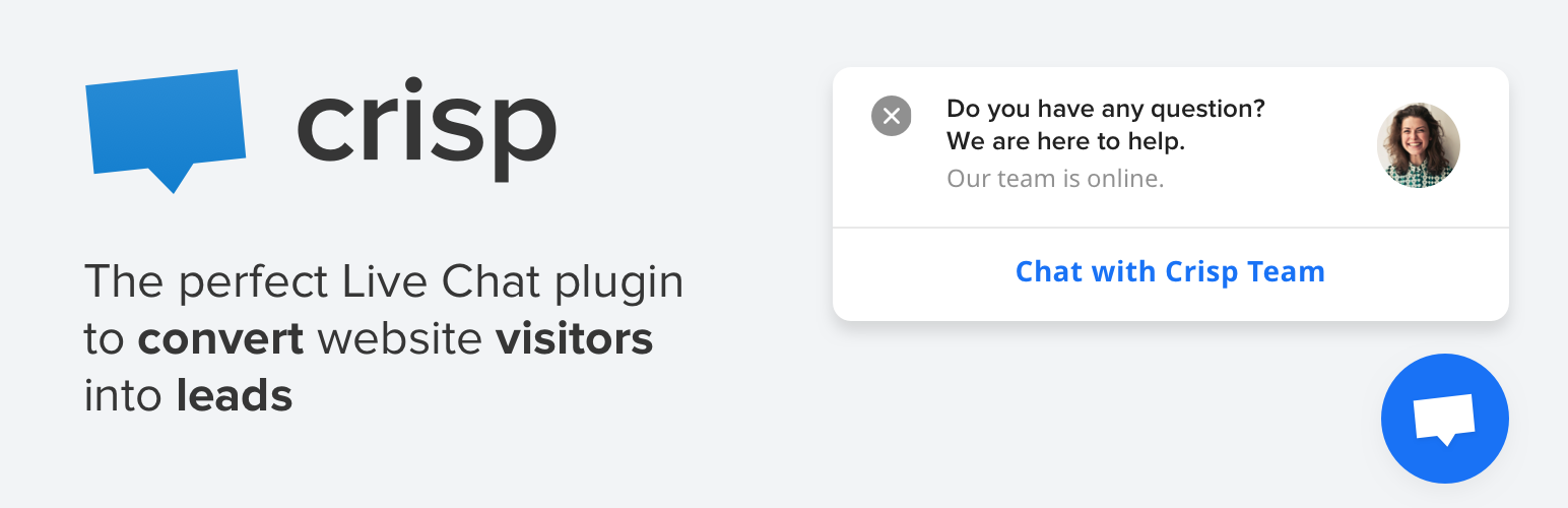 Plugin de chat en direct Crisp pour convertir les visiteurs en prospects, avec message d'accueil du support en ligne.