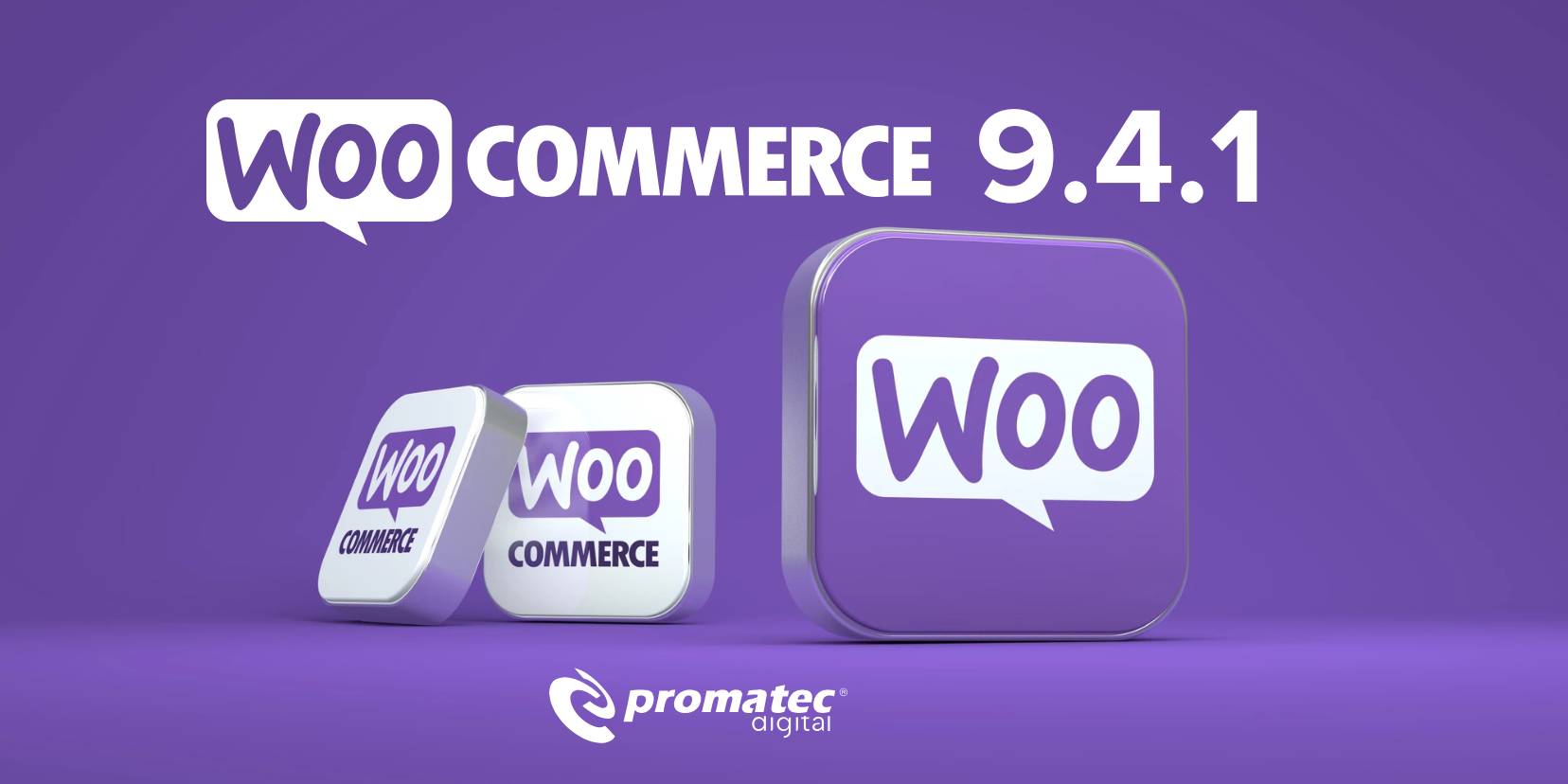 Logo de WooCommerce 9.4.1 sur fond violet avec le texte "promatec digital" en bas.