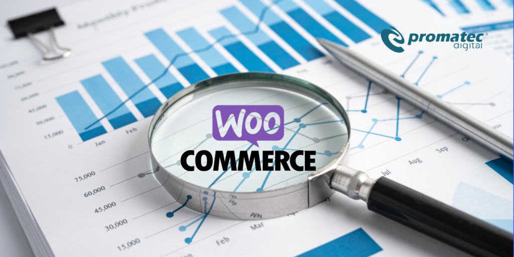 Diagrammes financiers avec une loupe et un stylo, texte "WooCommerce" au centre, logo Promatec Digital en haut à droite.