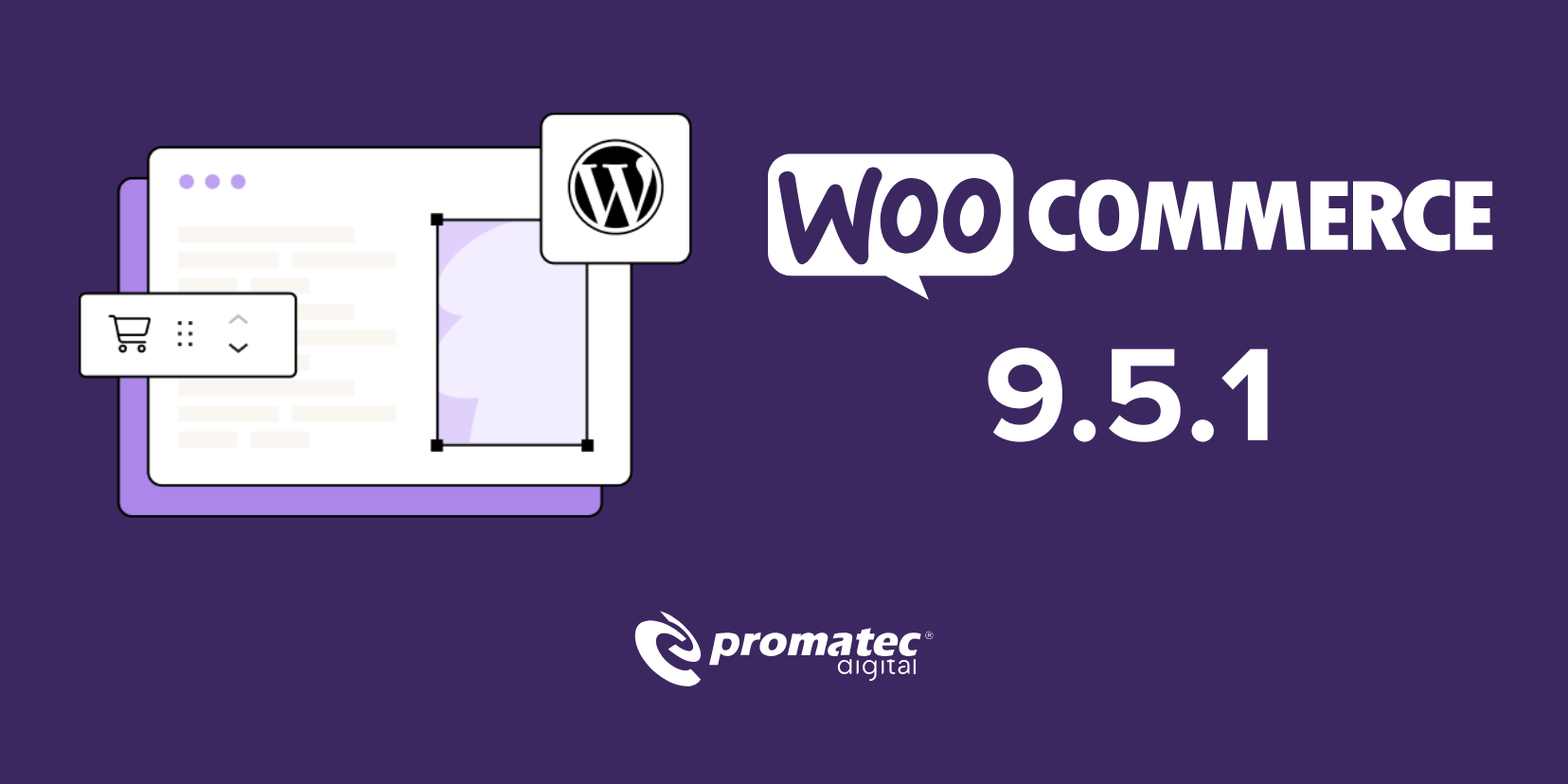 Illustration de la mise à jour WooCommerce 9.5.1 avec logo WordPress et graphisme de boutique en ligne sur fond violet.