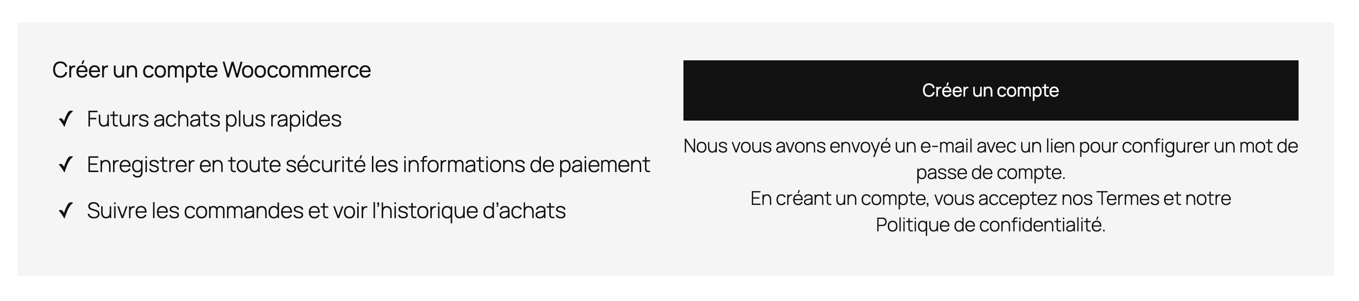 Créer un compte Woocommerce avec un bouton noir "Créer un compte" et une liste des avantages.