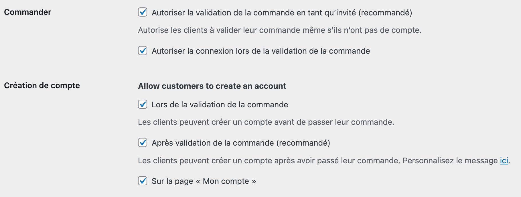 Paramètres de commande et création de compte avec cases à cocher activées pour validation de commande et création de compte client.