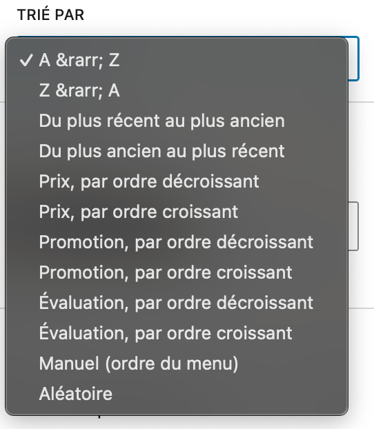 Menu déroulant avec options de tri : alphabétique, date, prix, promotion, évaluation, manuel, et aléatoire.