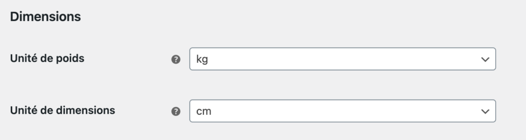 Dimensions du site, avec une liste déroulante pour sélectionner l'unité de poids ("kg") et l'unité de dimensions ("cm").