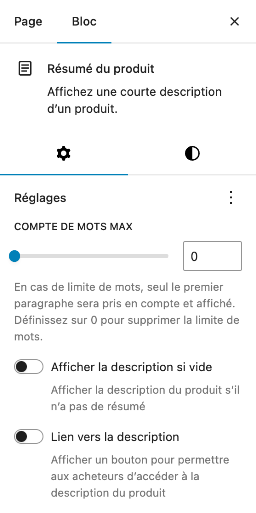 Interface de réglages pour le résumé du produit avec options de comptage de mots et options d'affichage.