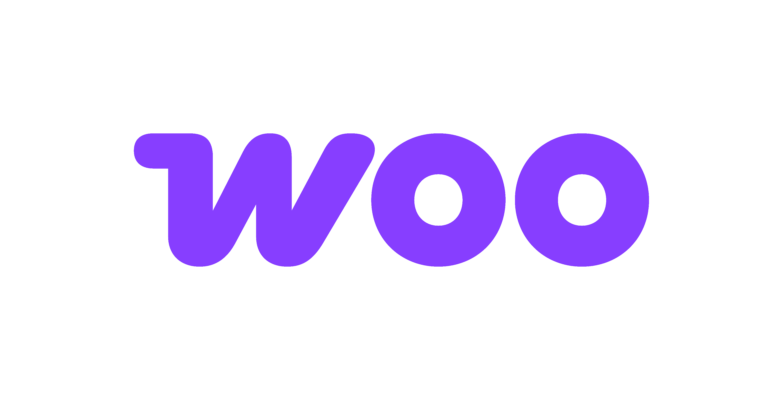 Logo stylisé de la marque 'woo' en violet sur fond noir, avec des lettres arrondies et modernes.