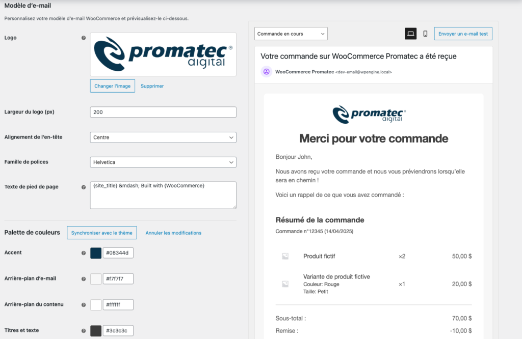 Modèle d'e-mail pour WooCommerce présentant les détails d'une commande, incluant le logo de Promatec, la mise en forme de texte en Helvetica, et un résumé des articles commandés avec les prix et les totaux.