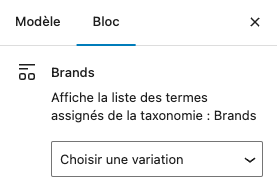 Interface utilisateur présentant un panneau avec titre "Brands" et une option pour choisir une variation d'une taxonomie de marques, accompagné d'une brève description en français.