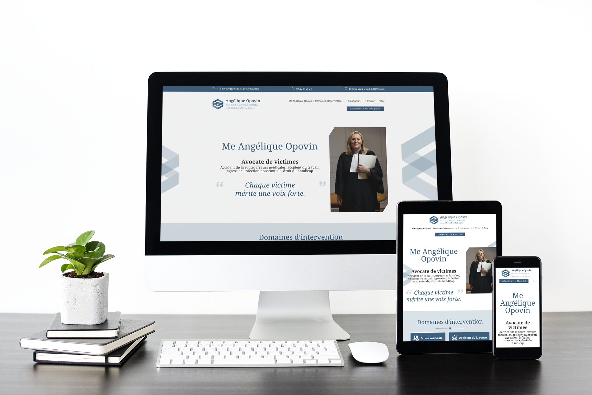 Capture d'écran d'un site web affiché sur un ordinateur, une tablette et un smartphone, présentant Me Angélique Opovin, avocate de victimes, accompagnée d'une photo de la professionnelle portant une robe d'avocat. Le site met en avant ses domaines d'intervention avec la citation 'Chaque victime mérite une voix forte.'