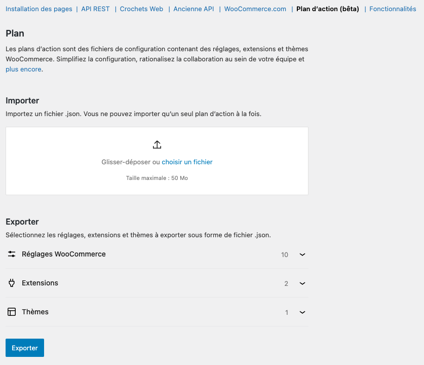 Interface de gestion de WooCommerce montrant les sections pour importer et exporter des fichiers de configuration au format .json, avec des instructions pour importer un fichier et des options de sélection pour exporter des réglages, extensions et thèmes.