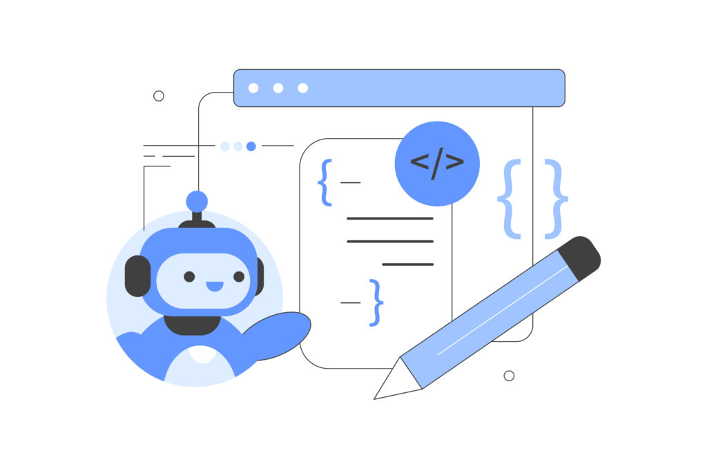 Un robot sympathique de couleur bleue, entouré d'éléments graphiques évoquant la programmation, comme des balises de code et un crayon, dans un fond minimaliste.