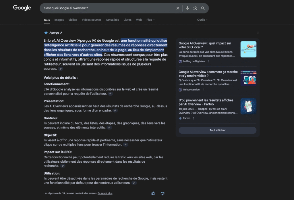 Un aperçu de la fonction AI Overview de Google, illustrant comment elle utilise l'intelligence artificielle pour générer des résumés d'informations en haut des résultats de recherche, suivi d'une explication sur son fonctionnement, sa présentation, son contenu, son objectif et son impact sur le SEO.