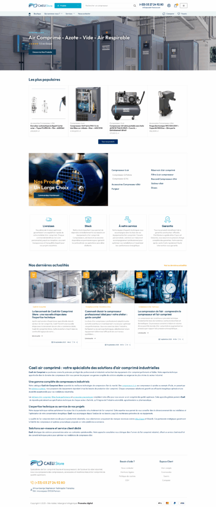 Page d'accueil d'un site de commerce en ligne spécialisé dans les solutions d'air comprimé, affichant des équipements et accessoires variés, incluant un en-tête avec le logo et des informations de contact, une section pour les produits populaires, ainsi que des actualités et des services techniques.