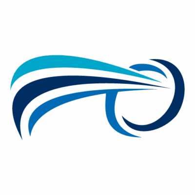 Logo featuring stylized blue and turquoise lines flowing towards a circular shape, suggesting movement and fluidity.